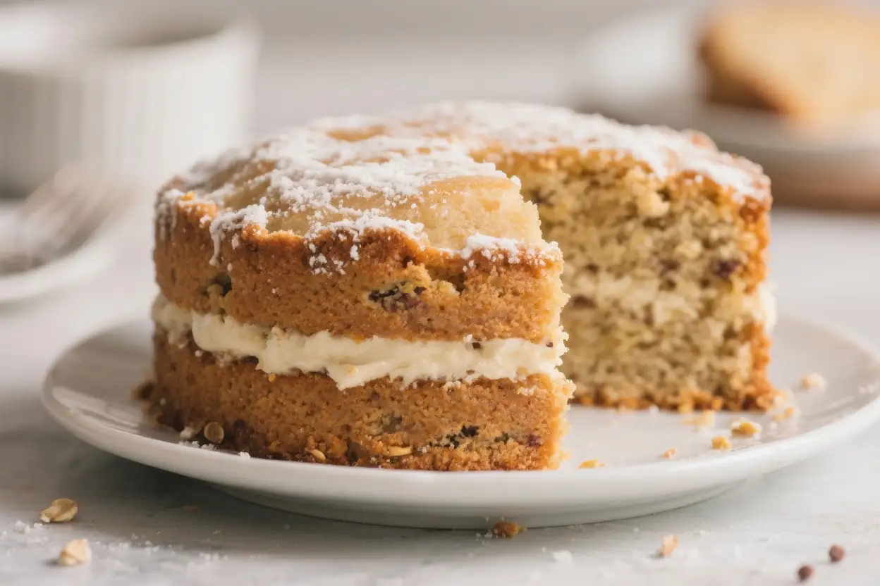 Healthy homemade layer cake sliced on a plate filled with creamy frosting and topped with powdered sugar