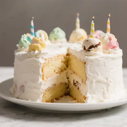 Easy Ice Cream Cake Recipe Homemade Frozen Birthday Dessert - A No-Fuss Crowd-Pleaser 2 Layered ice cream cake with white frosting, colorful scoops, and birthday candles