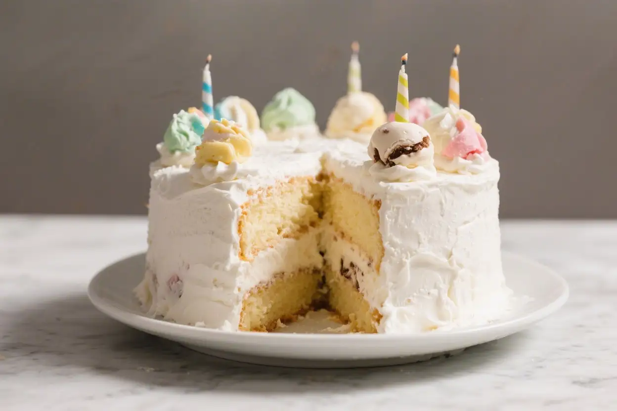 Easy Ice Cream Cake Recipe Homemade Frozen Birthday Dessert - A No-Fuss Crowd-Pleaser 1 Layered ice cream cake with white frosting, colorful scoops, and birthday candles