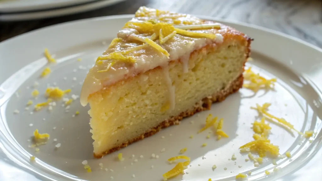 Slice of moist lemon cake topped with glossy lemon glaze and fresh lemon zest on a white plate