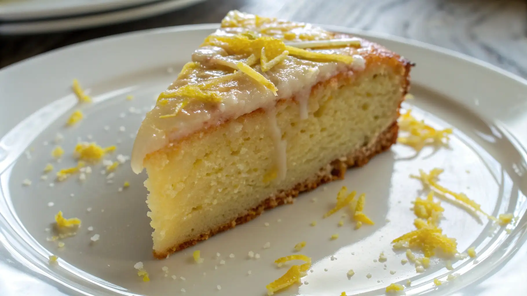 The Best Homemade Lemon Cake (Soft, Zesty & Easy) - Bright Flavor, Foolproof Method 1 Slice of moist lemon cake topped with glossy lemon glaze and fresh lemon zest on a white plate