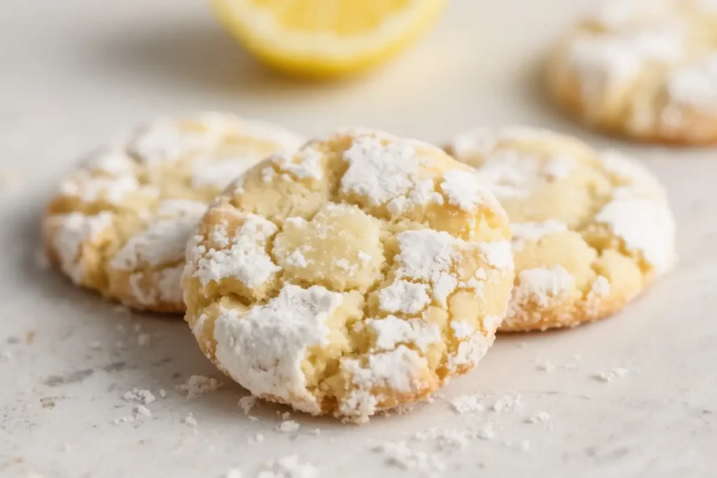 Close-up of soft lemon crinkle cookies coated in powdered sugar on a light surface, with a lemon wedge blurred in the background.