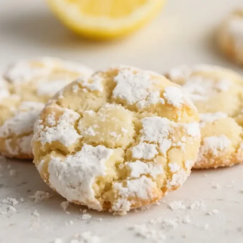 Close-up of soft lemon crinkle cookies coated in powdered sugar on a light surface, with a lemon wedge blurred in the background.