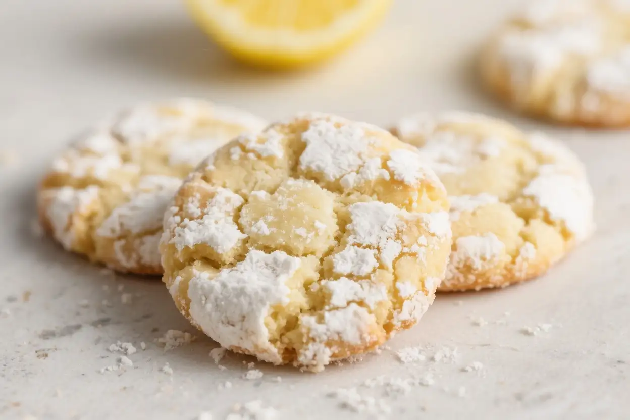 Close-up of soft lemon crinkle cookies coated in powdered sugar on a light surface, with a lemon wedge blurred in the background.
