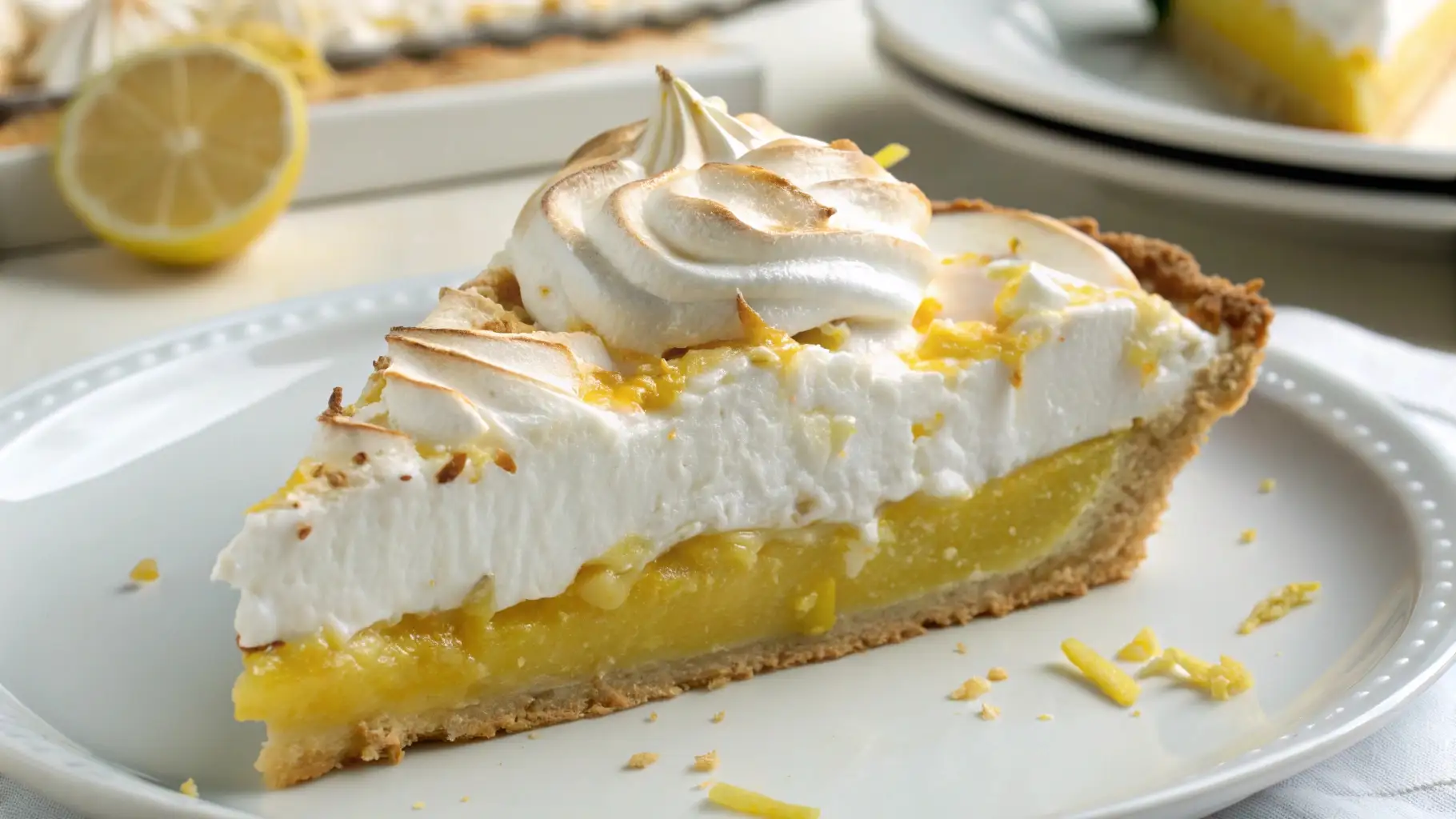 Slice of lemon meringue pie with tangy lemon filling and fluffy toasted meringue on a crisp pie crust.