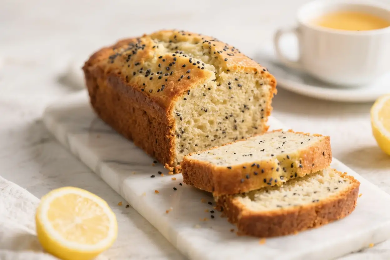 Sliced lemon poppyseed bread loaf on a cutting board with lemon halves and a cup of tea in the background.