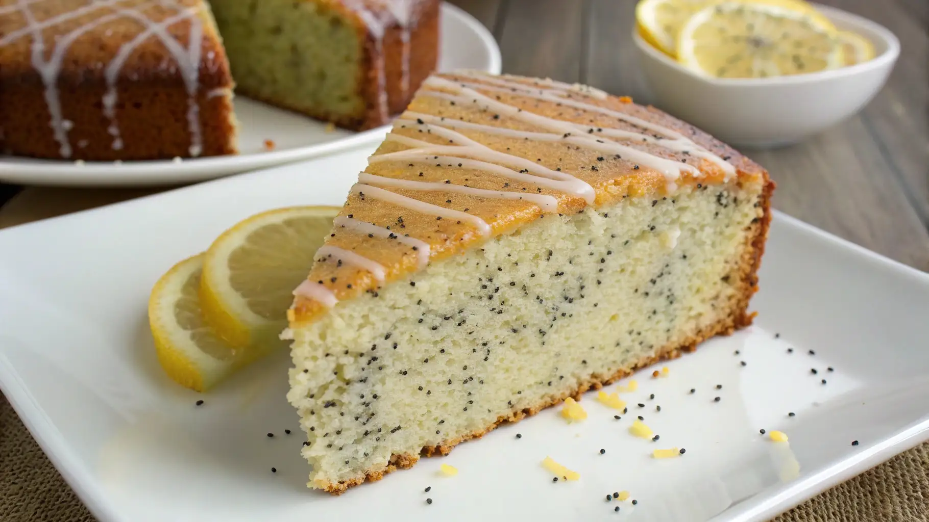 Moist Lemon Poppy Seed Cake (Easy Glazed Recipe) - Bright, Tender, and Foolproof 1 Slice of lemon poppy seed cake with a light lemon glaze drizzle on a white plate, served with fresh lemon slices and extra poppy seeds.