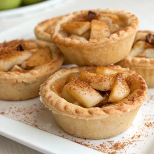 Mini apple pies with golden crust and cinnamon apple filling served on a white plate
