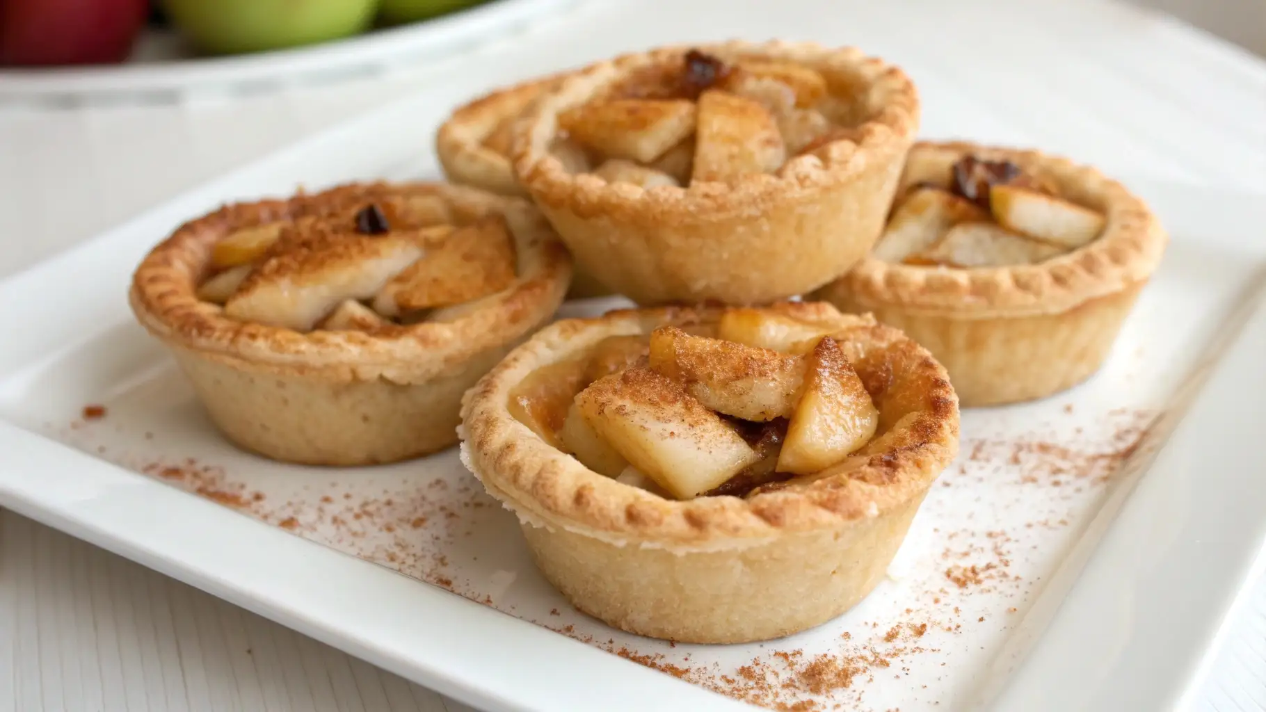 Mini apple pies with golden crust and cinnamon apple filling served on a white plate