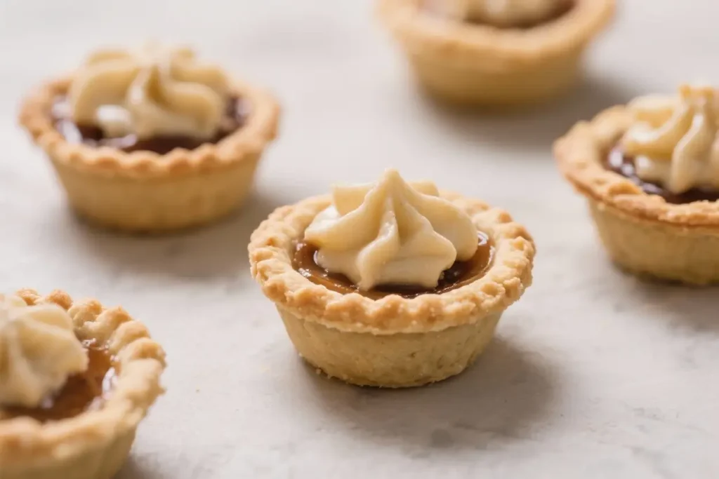 Mini pies in flaky pastry crusts filled with caramel and topped with a swirl of whipped cream on a light surface.