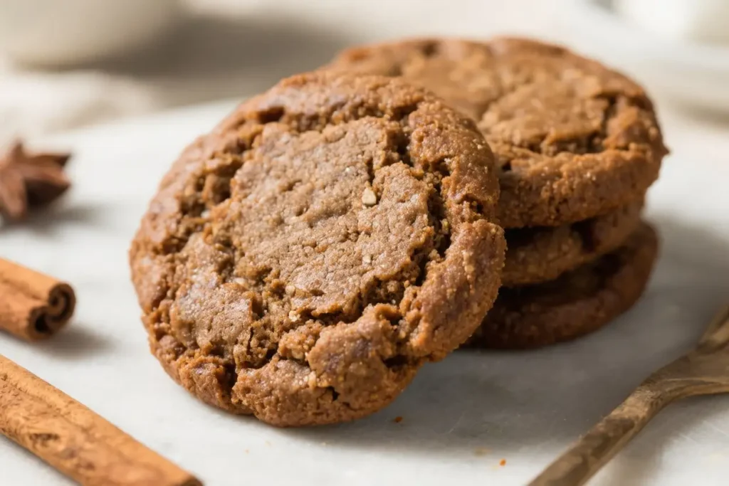 Stack of soft chewy molasses cookies with cracked tops, surrounded by cinnamon sticks and warm spices.