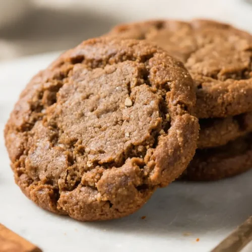 Stack of soft chewy molasses cookies with cracked tops, surrounded by cinnamon sticks and warm spices.