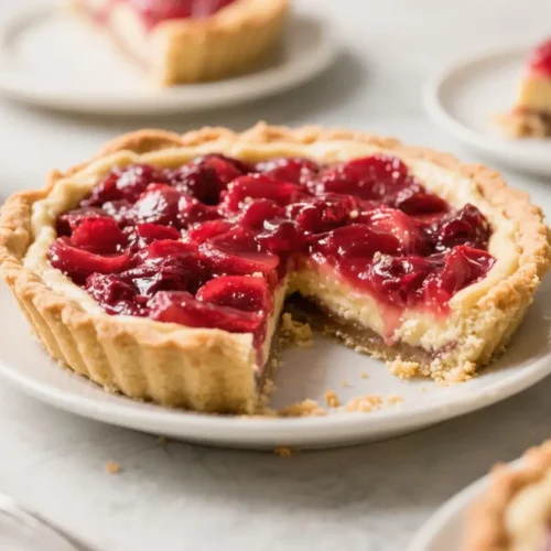 Mini no-bake pie with creamy filling and fresh berry topping in a crumb crust on a white plate.