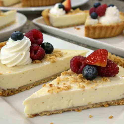 No bake pie slices with graham cracker crust topped with whipped cream and fresh berries on a serving plate