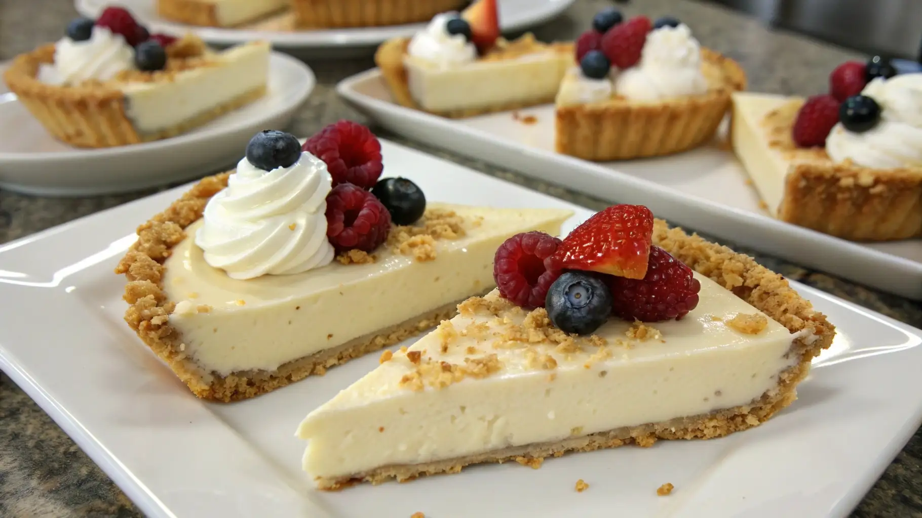 No bake pie slices with graham cracker crust topped with whipped cream and fresh berries on a serving plate