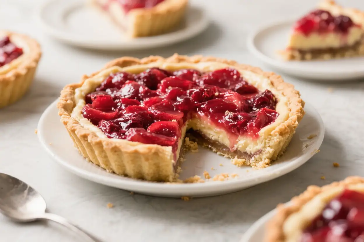 Mini no-bake pie with creamy filling and fresh berry topping in a crumb crust on a white plate.