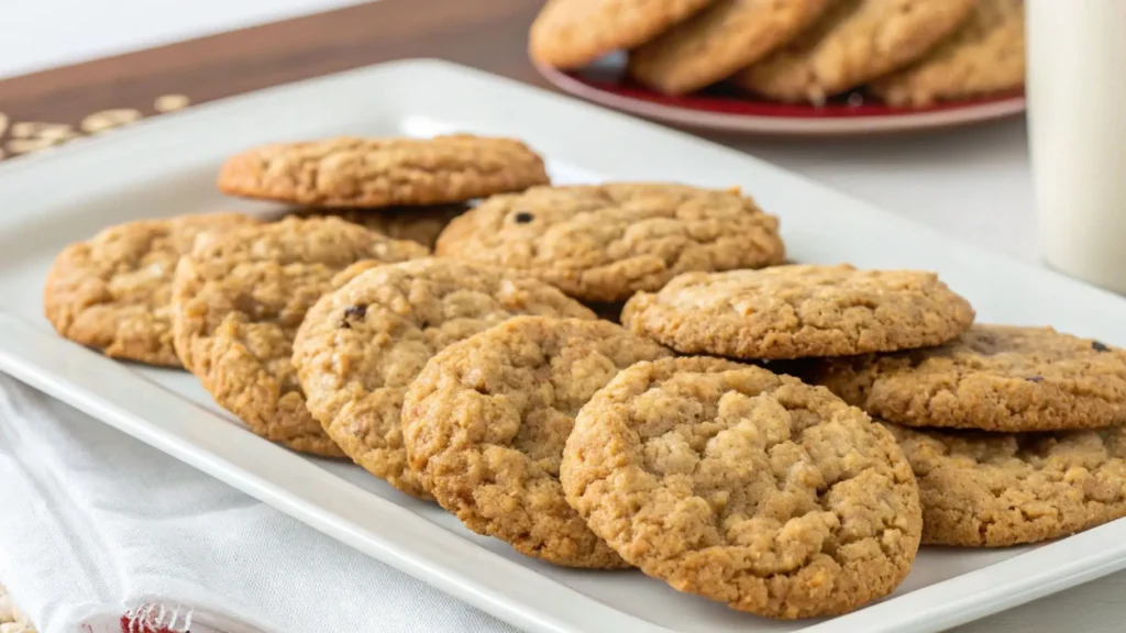 Soft chewy oatmeal cookies arranged on a white serving platter with a glass of milk in the background