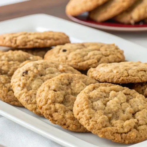 Soft chewy oatmeal cookies arranged on a white serving platter with a glass of milk in the background