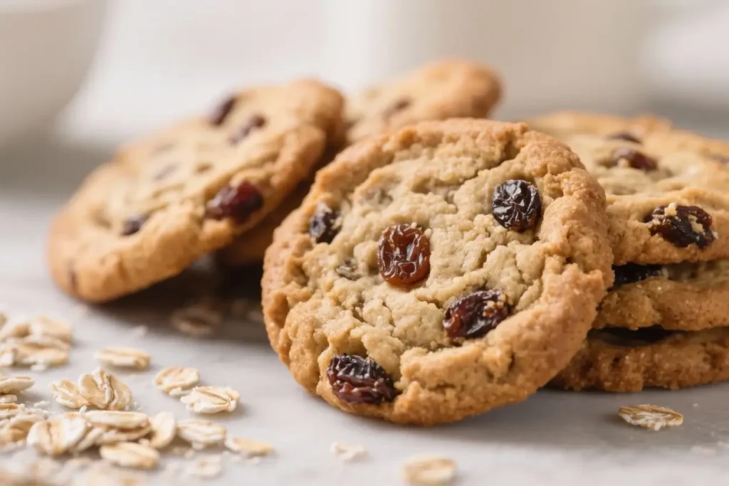 Soft oatmeal raisin cookies with chewy centers, visible oats, and plump raisins on a light surface.