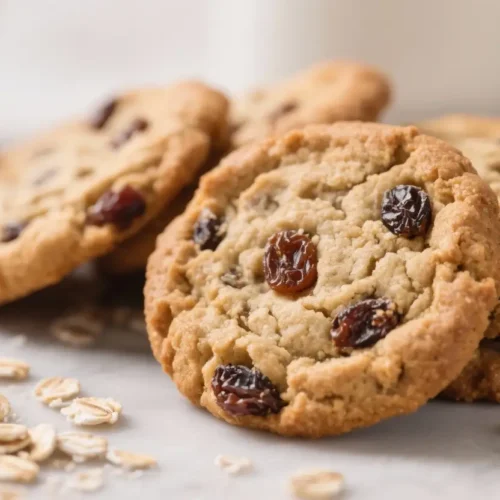 Best Oatmeal Raisin Cookies – Thick, Chewy & Homemade 2 Soft oatmeal raisin cookies with chewy centers, visible oats, and plump raisins on a light surface.