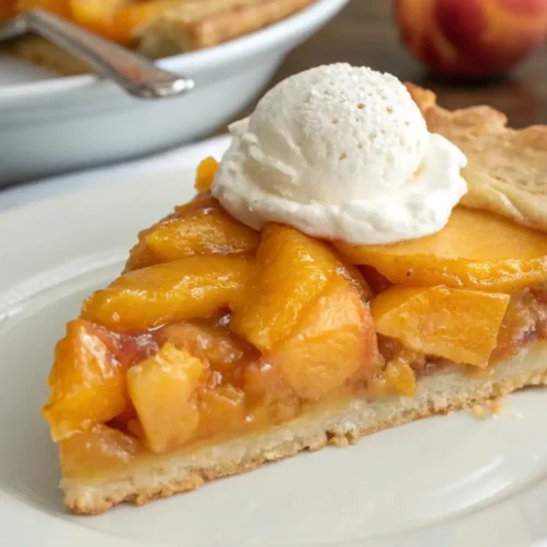Slice of peach pie with juicy fresh peach filling and a flaky golden crust topped with vanilla ice cream.