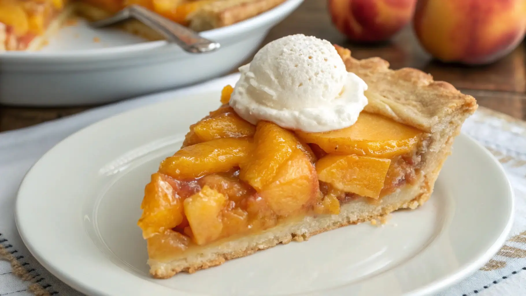 Slice of peach pie with juicy fresh peach filling and a flaky golden crust topped with vanilla ice cream.