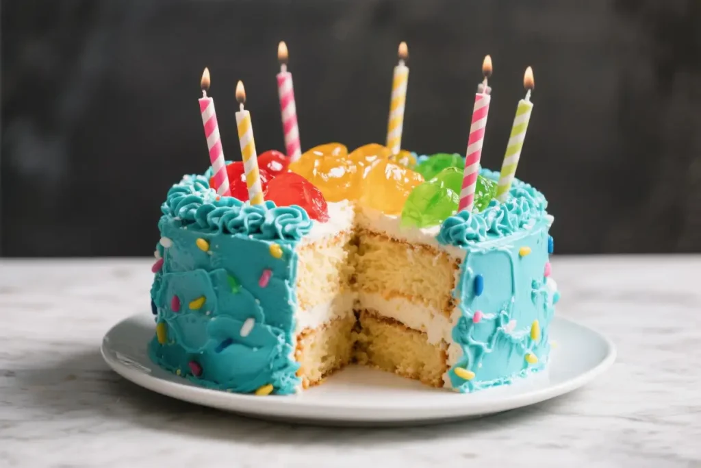 Colorful layered poke cake with blue frosting, sprinkles, jelly topping, and lit birthday candles on a white plate with a slice removed.