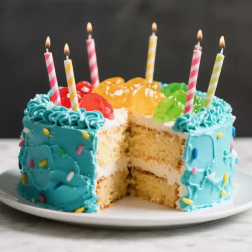 Colorful layered poke cake with blue frosting, sprinkles, jelly topping, and lit birthday candles on a white plate with a slice removed.
