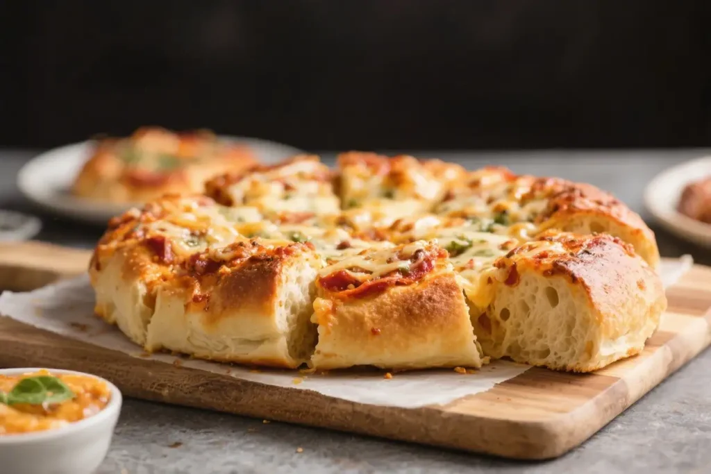 Pull apart pizza bread with melted cheese and pepperoni served on a wooden board