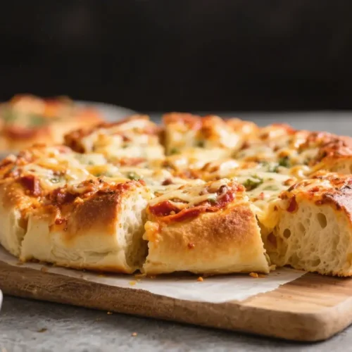 Pull Apart Pizza Bread Easy Cheesy Party Appetizer - Crowd-Pleasing, Fun, and Fast 2 Pull apart pizza bread with melted cheese and pepperoni served on a wooden board
