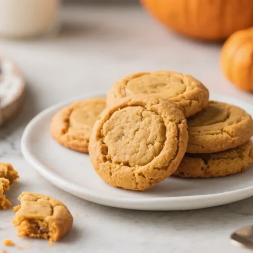 Stack of soft pumpkin cookies on a white plate with one bitten cookie showing a tender center, small pumpkins and fall decor in the background.