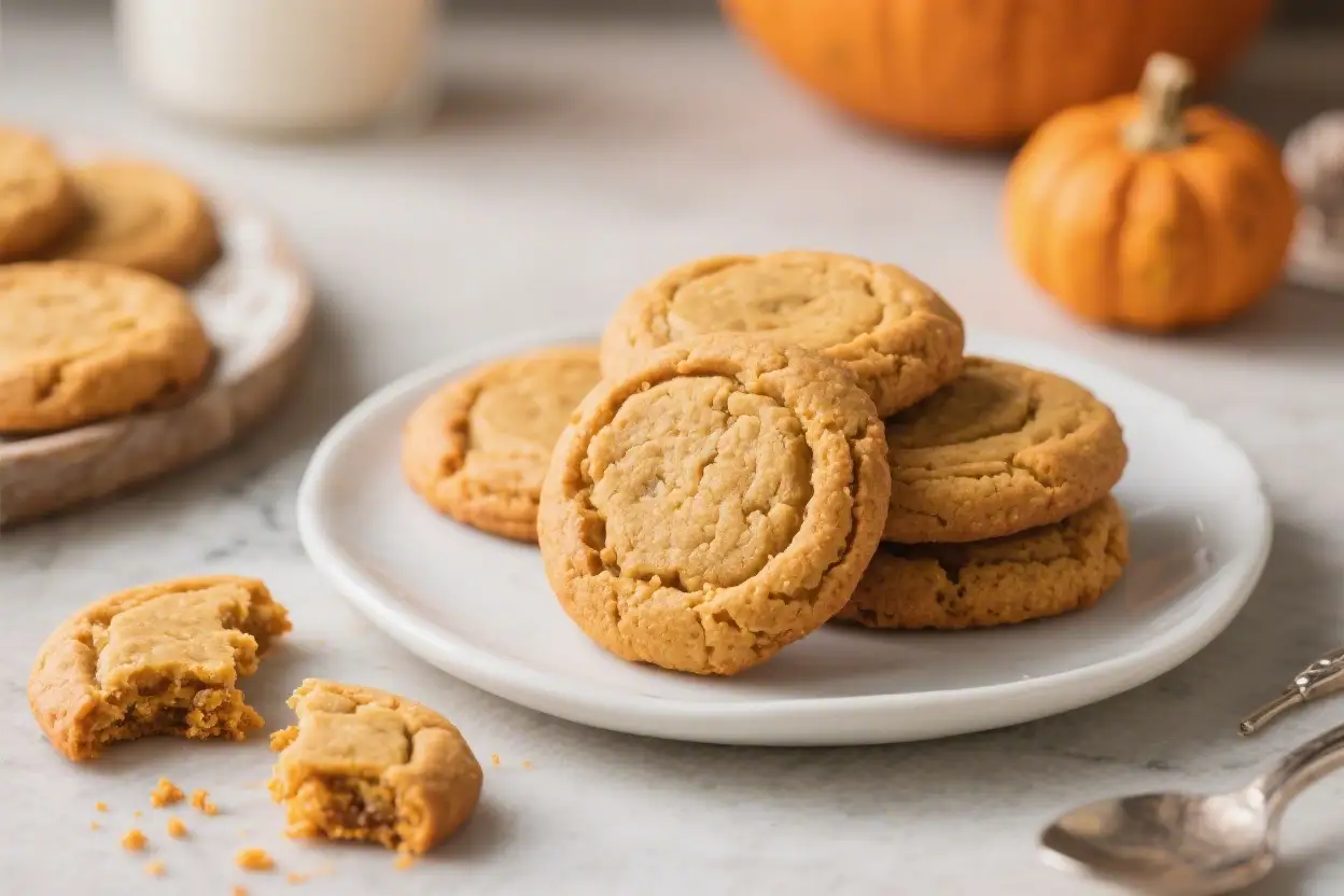 Stack of soft pumpkin cookies on a white plate with one bitten cookie showing a tender center, small pumpkins and fall decor in the background.
