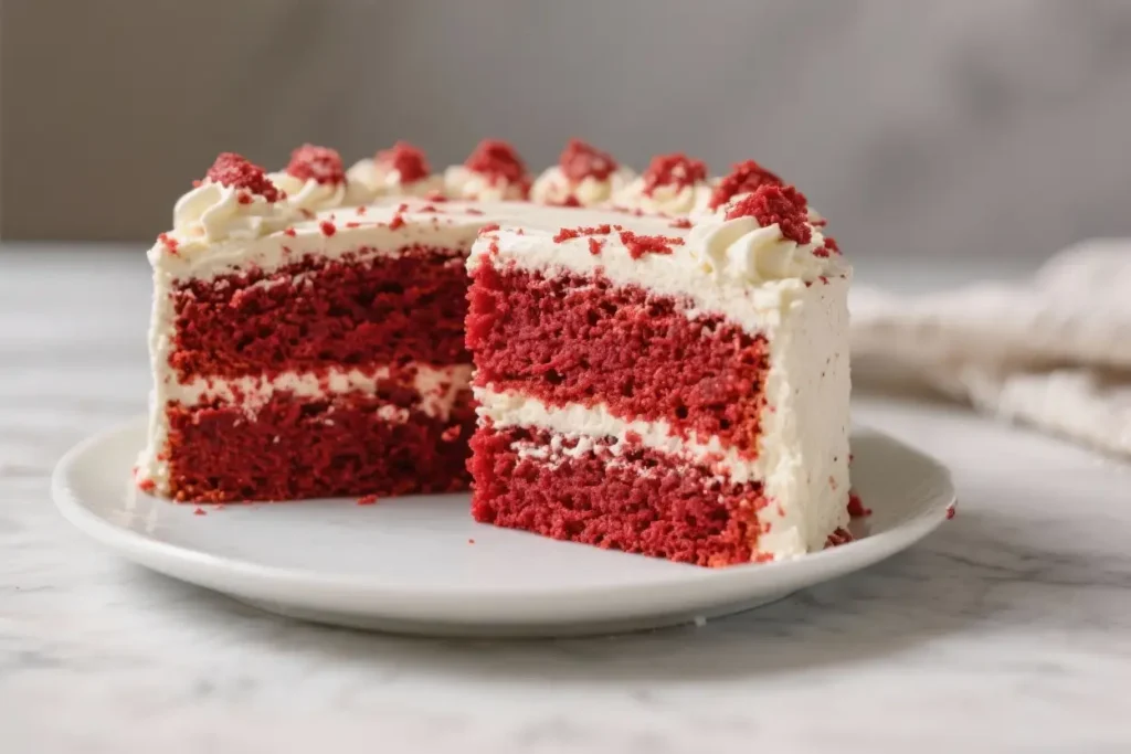 Slice of red velvet cake with moist crimson layers and smooth cream cheese frosting on a white plate.
