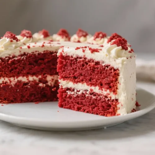 Best Red Velvet Cake Recipe – Moist & Perfectly Tender 2 Slice of red velvet cake with moist crimson layers and smooth cream cheese frosting on a white plate.
