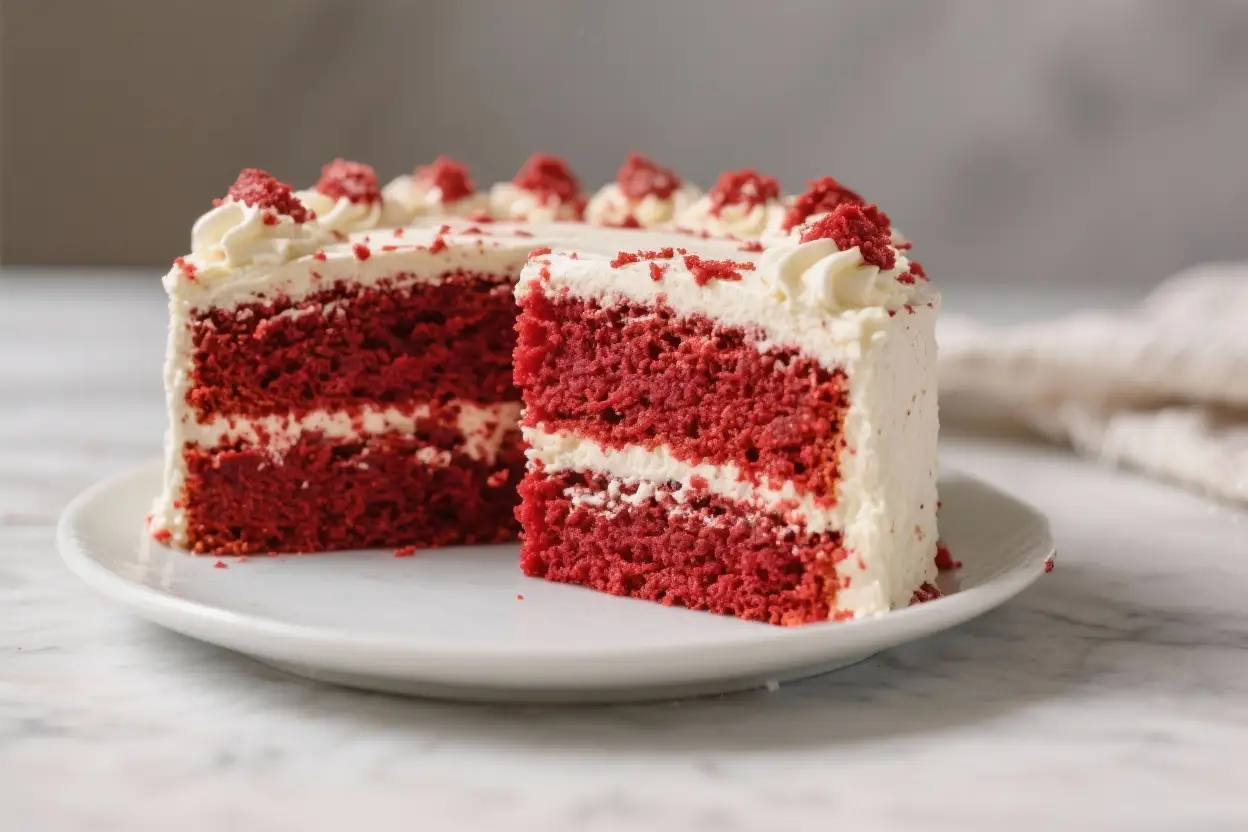 Best Red Velvet Cake Recipe – Moist & Perfectly Tender 1 Slice of red velvet cake with moist crimson layers and smooth cream cheese frosting on a white plate.