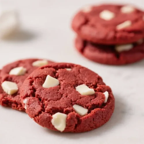 Homemade Red Velvet Cookies with White Chocolate - Soft, Chewy, and Festive 2 Soft red velvet cookies with a rich crimson color and white chocolate chunks on a light surface.