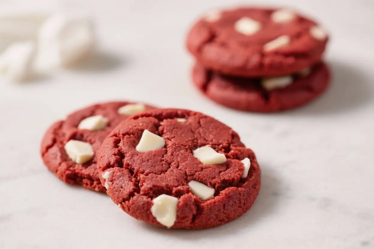 Homemade Red Velvet Cookies with White Chocolate - Soft, Chewy, and Festive 1 Soft red velvet cookies with a rich crimson color and white chocolate chunks on a light surface.