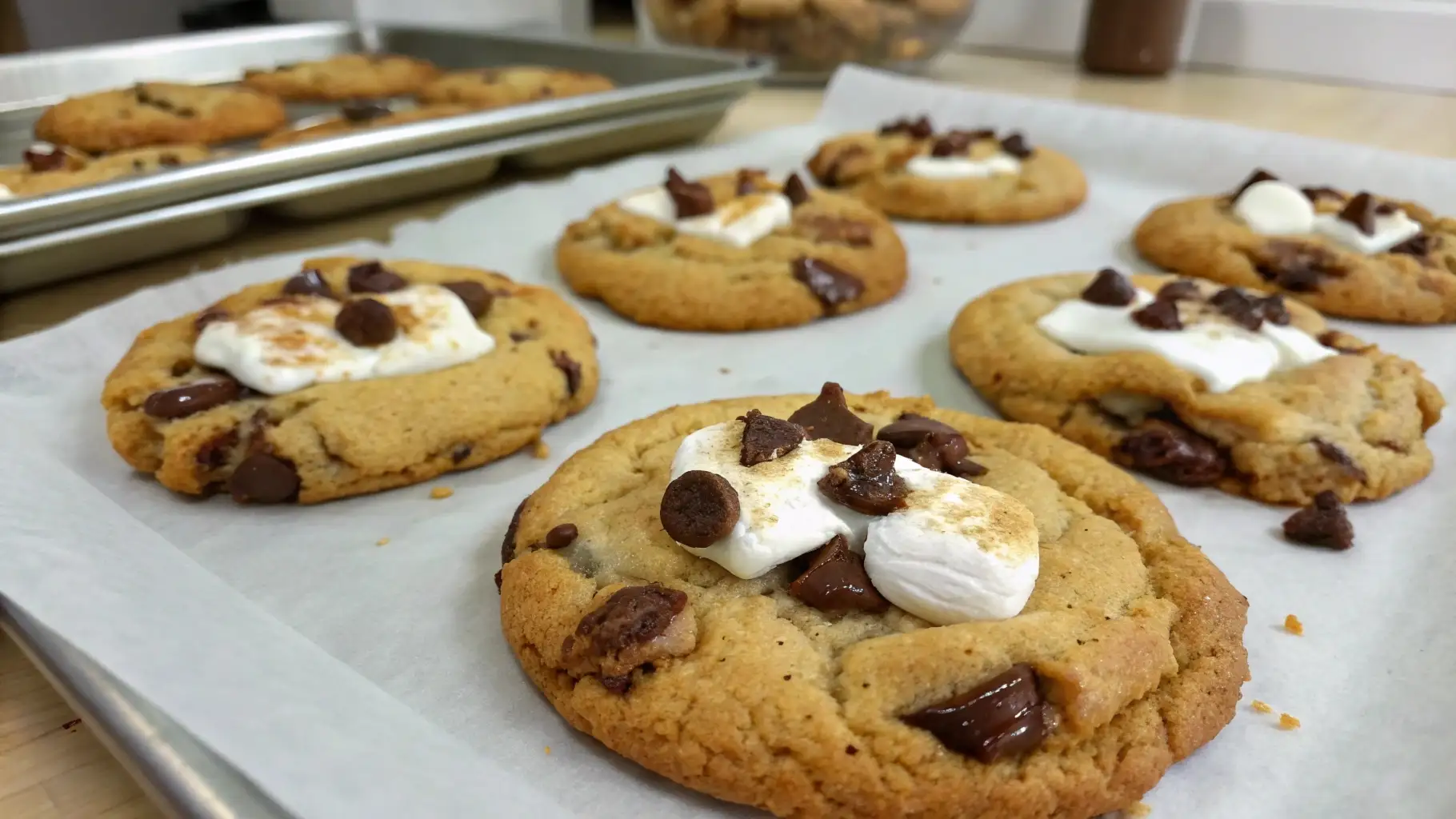Best Smores Cookies Recipe Soft Chocolate Chip Cookies - Gooey, Chewy, and Easy 1 Freshly baked smores cookies topped with melted marshmallows and chocolate chips on a baking tray, golden brown with gooey centers.