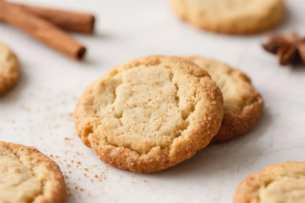 Soft snickerdoodle cookies coated in cinnamon sugar, baked until lightly golden with crackled tops on a white surface.