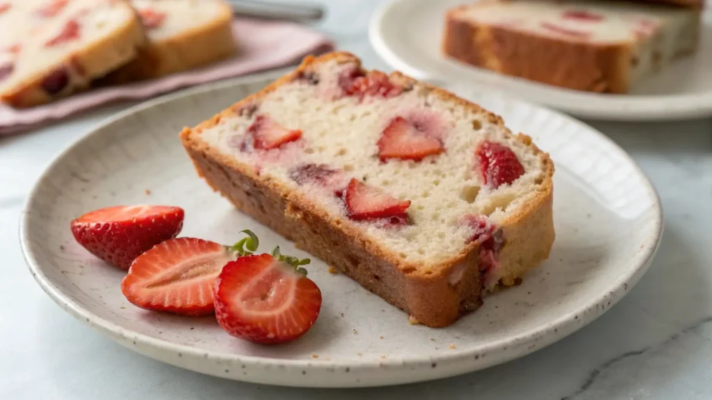 Slice of moist strawberry bread loaf with fresh strawberry pieces baked inside, served on a plate with sliced strawberries on the side.