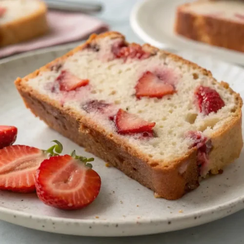 Slice of moist strawberry bread loaf with fresh strawberry pieces baked inside, served on a plate with sliced strawberries on the side.
