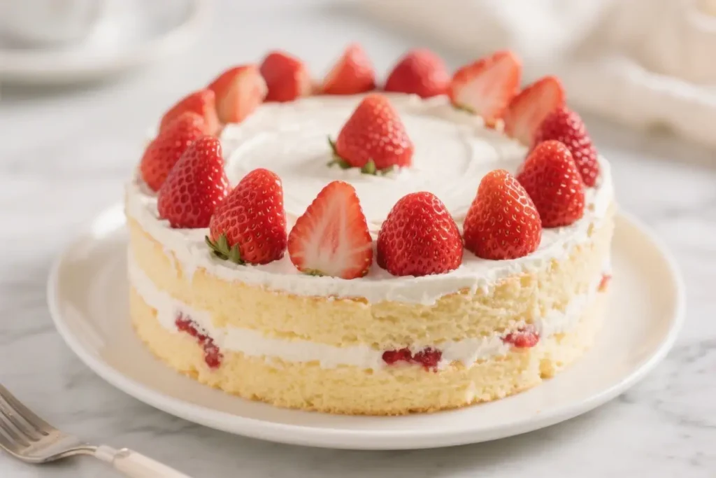 Fresh strawberry cake layered with cream frosting and topped with whole strawberries on a white plate