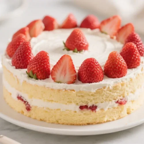Fresh strawberry cake layered with cream frosting and topped with whole strawberries on a white plate