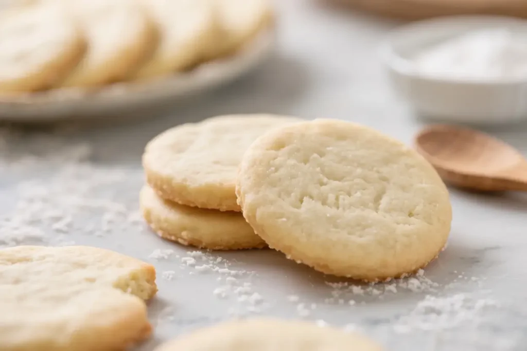 Close-up of soft homemade sugar cookies stacked on a plate with sugar crystals scattered around.
