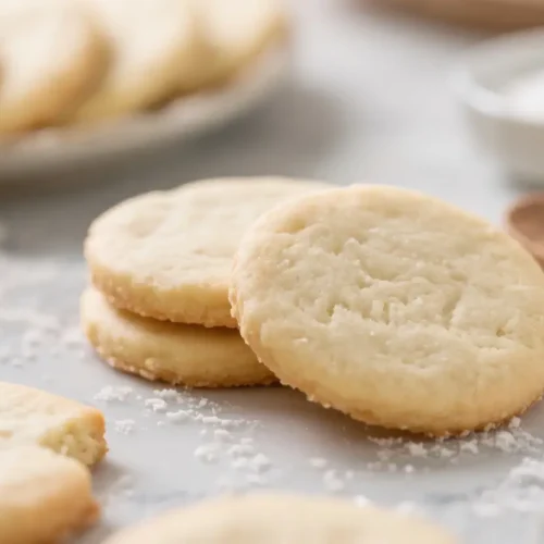 Close-up of soft homemade sugar cookies stacked on a plate with sugar crystals scattered around.