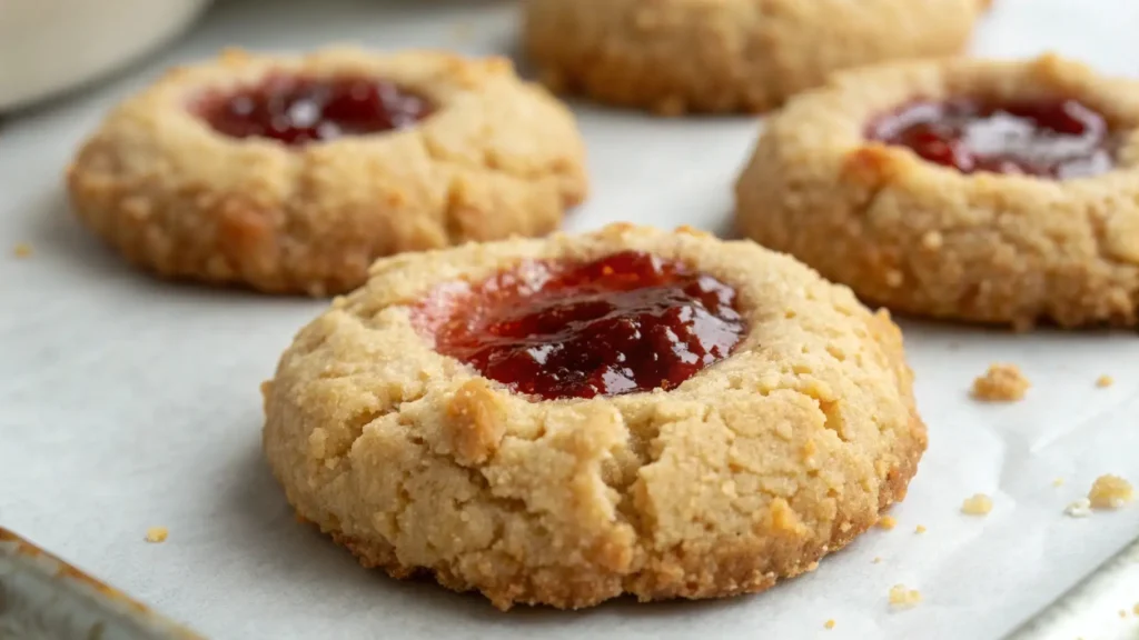 Buttery thumbprint cookies filled with glossy raspberry jam on parchment paper