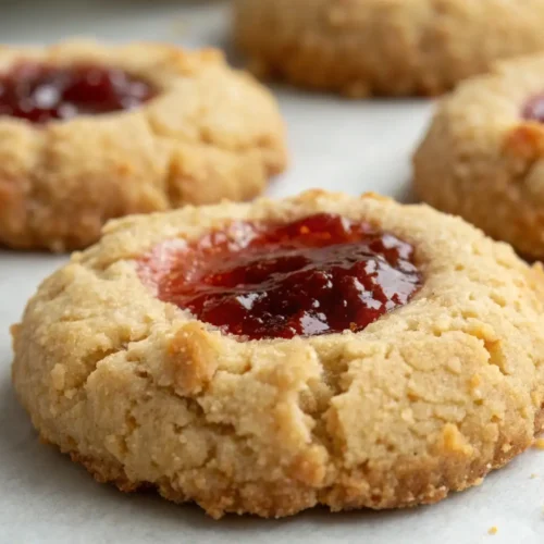 Buttery thumbprint cookies filled with glossy raspberry jam on parchment paper