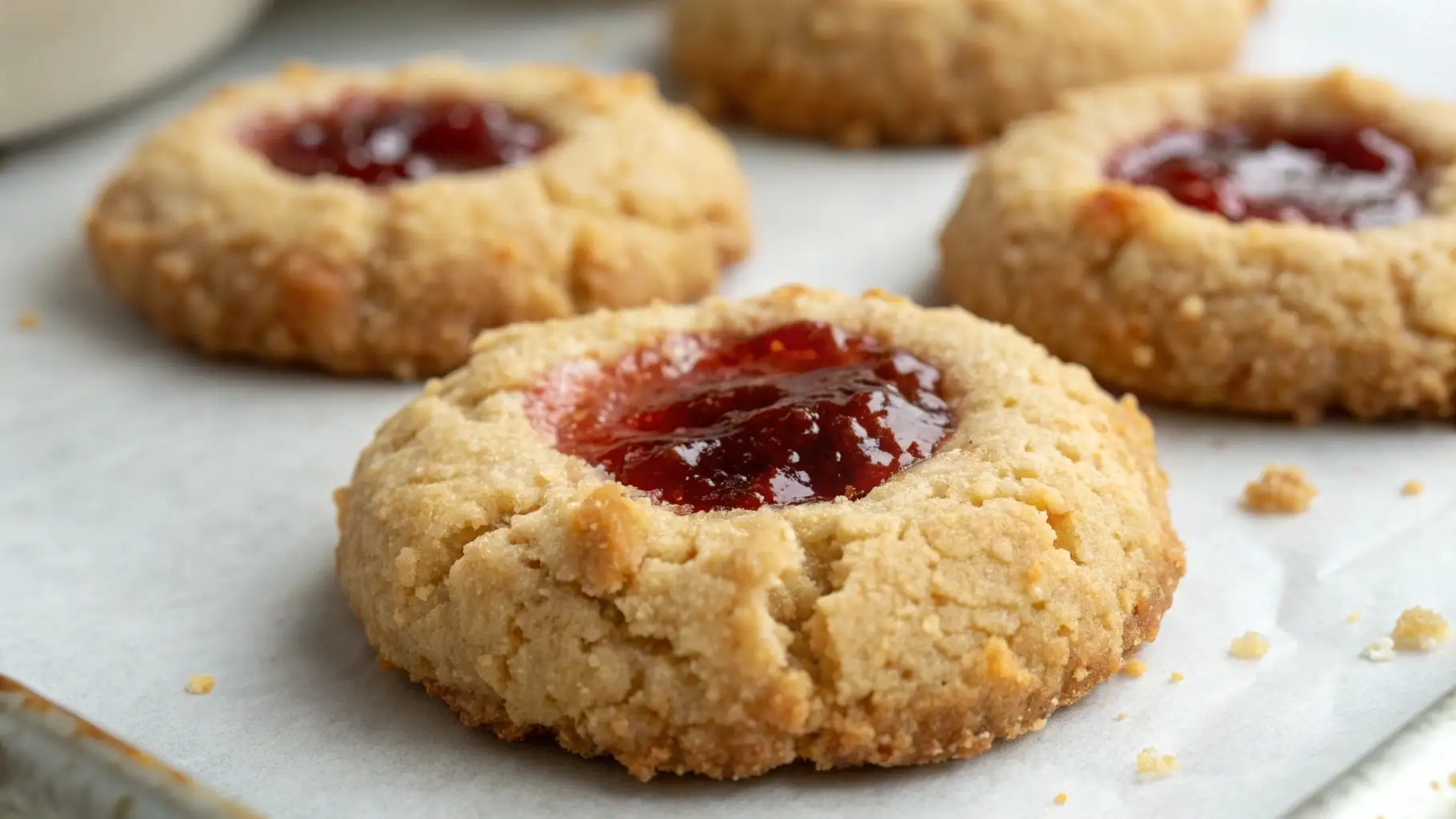 Buttery thumbprint cookies filled with glossy raspberry jam on parchment paper