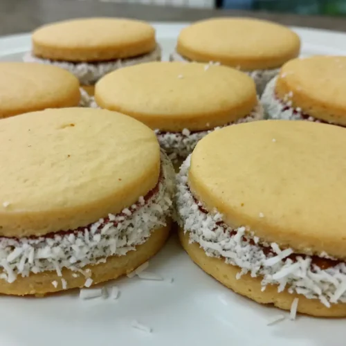 Homemade alfajores cookies filled with dulce de leche and rolled in shredded coconut on a white plate