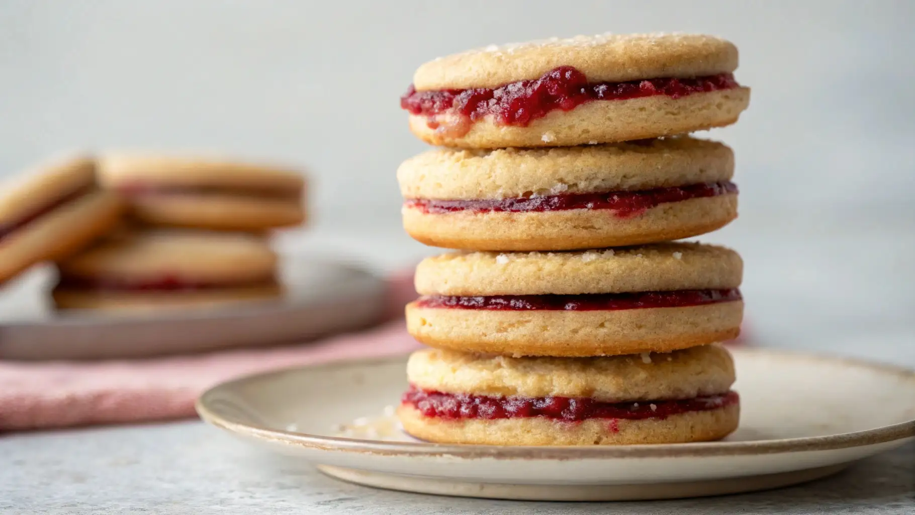 Almond Raspberry Sandwich Cookies Easy Holiday Treat - Sweet, Buttery, and Festive 1 A stack of four golden sandwich cookies with crisp edges, filled with vibrant red raspberry jam, topped with coarse sugar crystals; additional cookies and scattered jam visible on a pink cloth beside a white plate